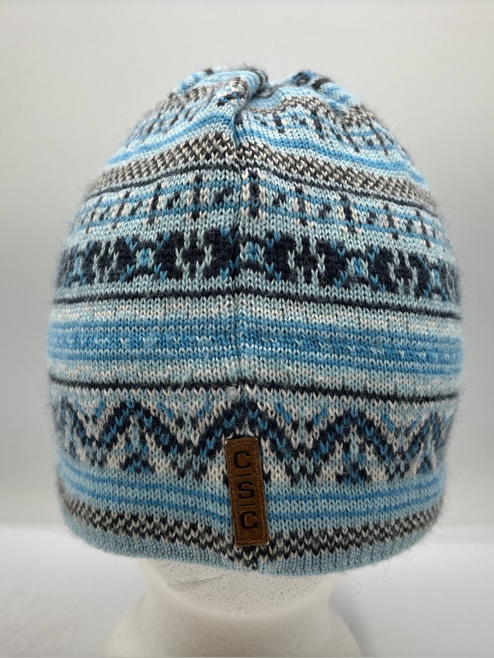 Columbia CSC Fair Isle Nordic Knit Beanie Hat Blue/Grey Ear Lined Fleeced OSFM
